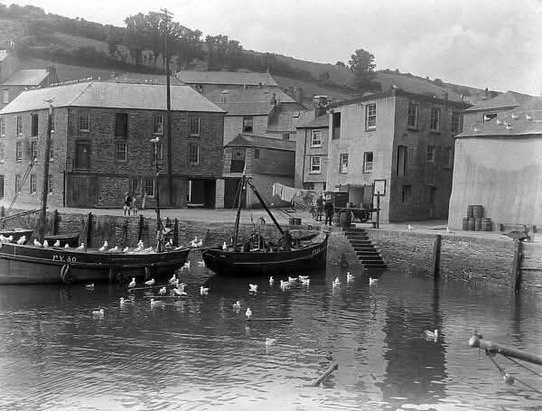 Fishing boats moored Mevagissey harbour Conwall quay seagulls early 1900s