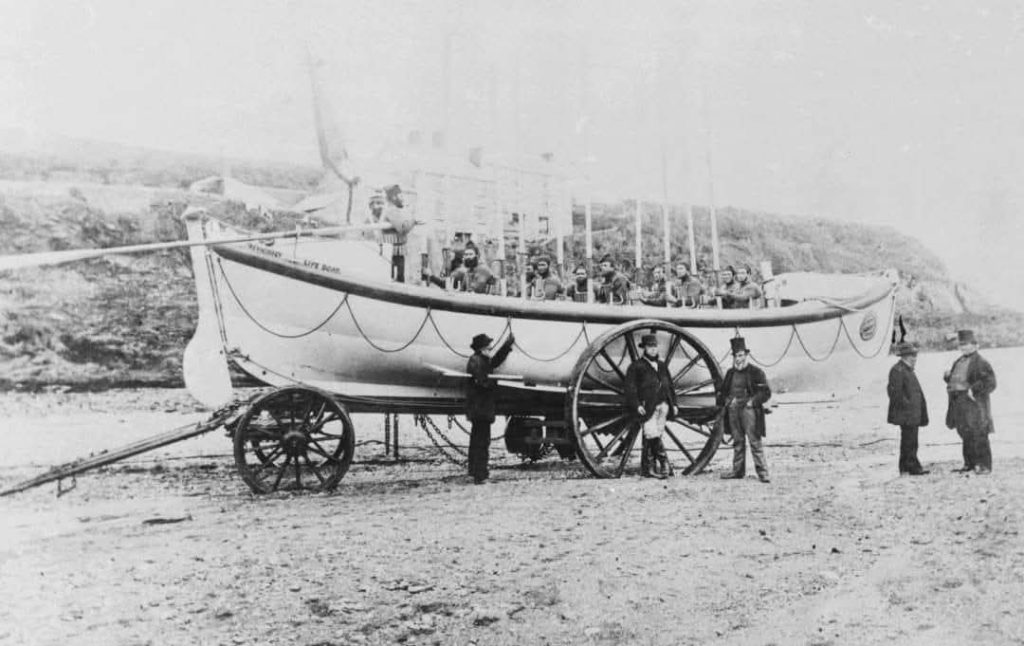 Mevagissey lifeboat on carriage Cornwall circa 1890 crew and launch wagon