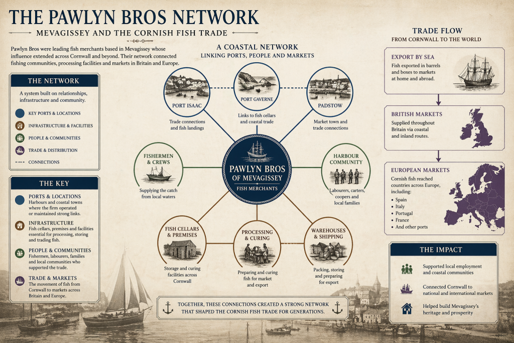 Diagram of the Pawlyn Bros network in Mevagissey showing connections between Cornish fishing ports, fish processing, and trade routes to British and European markets
