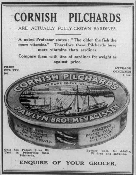 historic Pawlyn Bros Mevagissey Cornish pilchards advertisement early 1900s