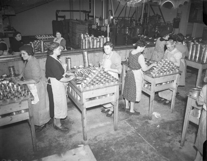 Pawlyns factory Mevagissey pilchard canning workers Cornwall mid 20th century