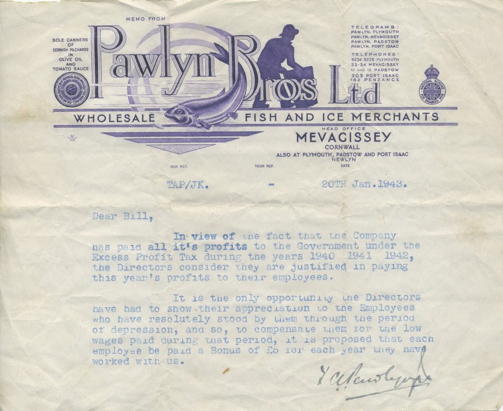 Pawlyn Bros Ltd Mevagissey 1943 fish merchants letter Cornwall