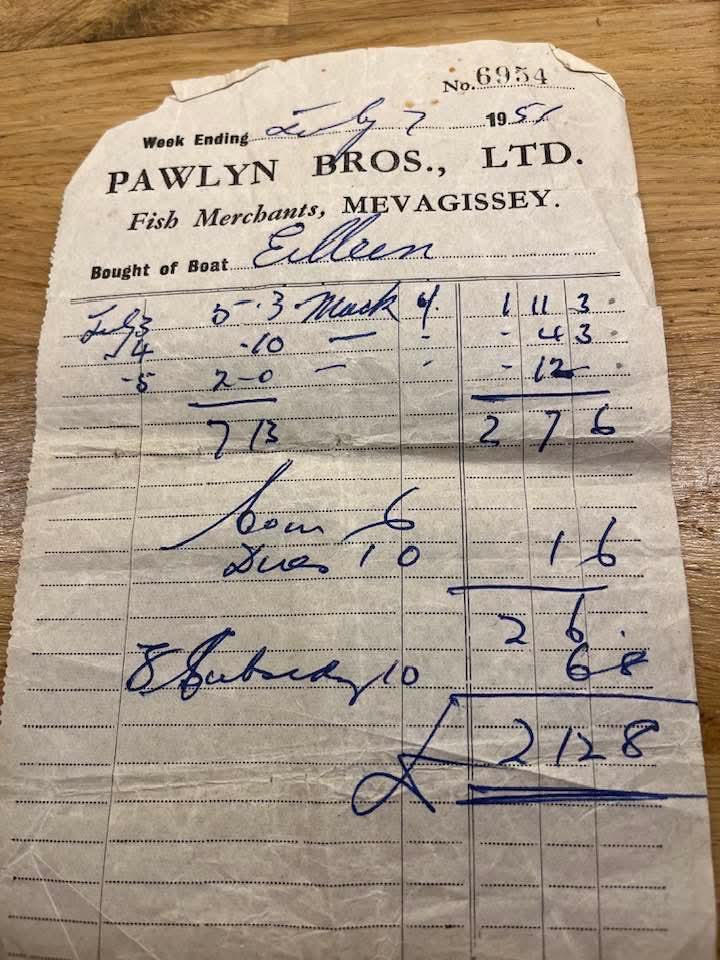 Pawlyn Bros Mevagissey fish merchant receipt 1951 Cornwall fishing industry record