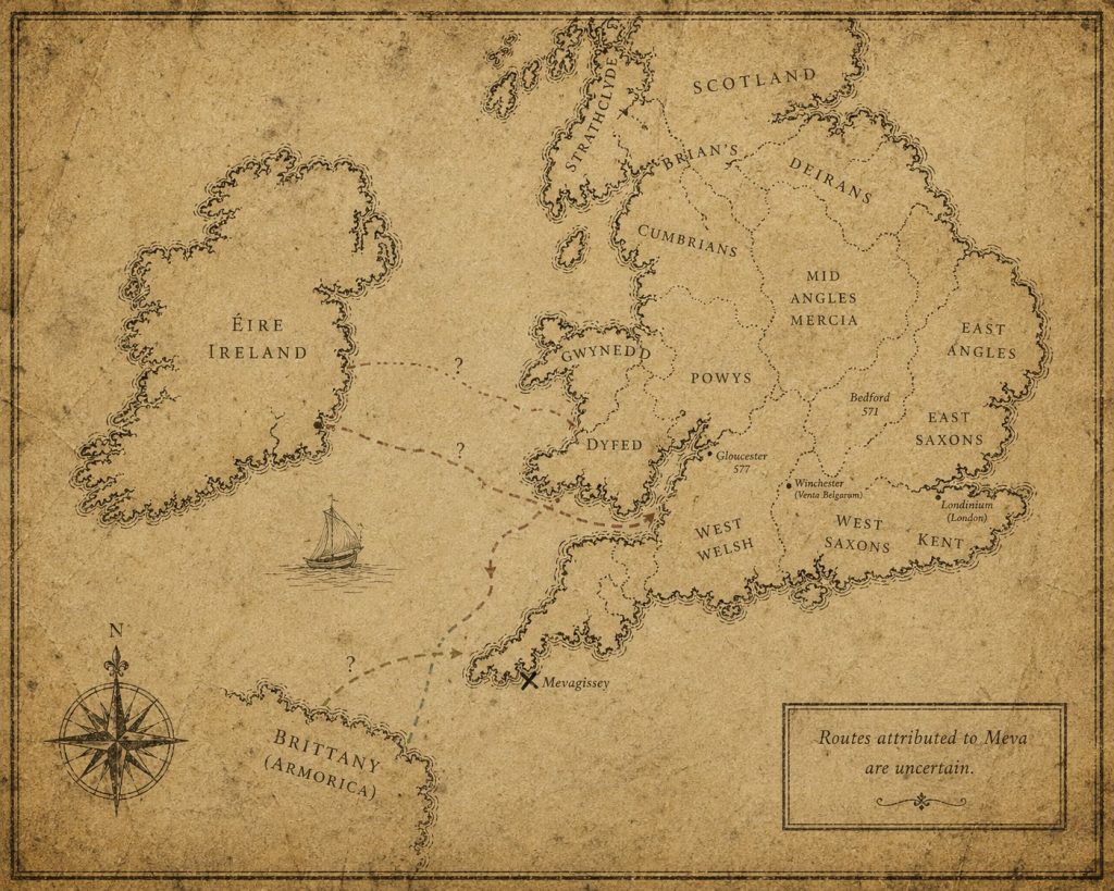 Antique-style map of Britain, Ireland and Brittany showing uncertain coastal routes attributed to St.Meva, with multiple faded paths converging on Cornwall