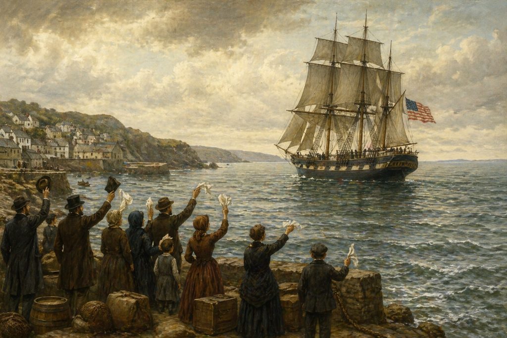 Cornish emigrants leaving Cornwall for America - Atlantic crossing from Mevagissey Cornwall by sailing ship